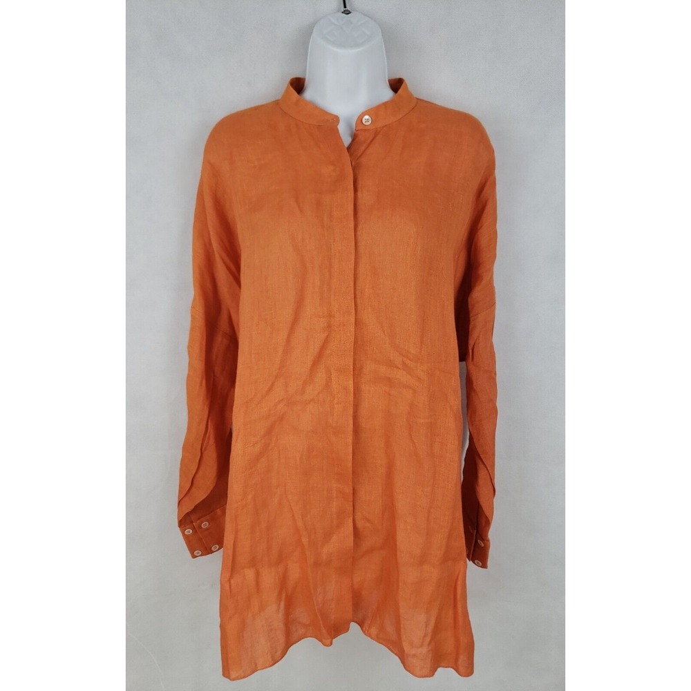 Womens SHI 100% Linen Burnt Orange Oversize Button Lagenlook Sheer O/S Top
